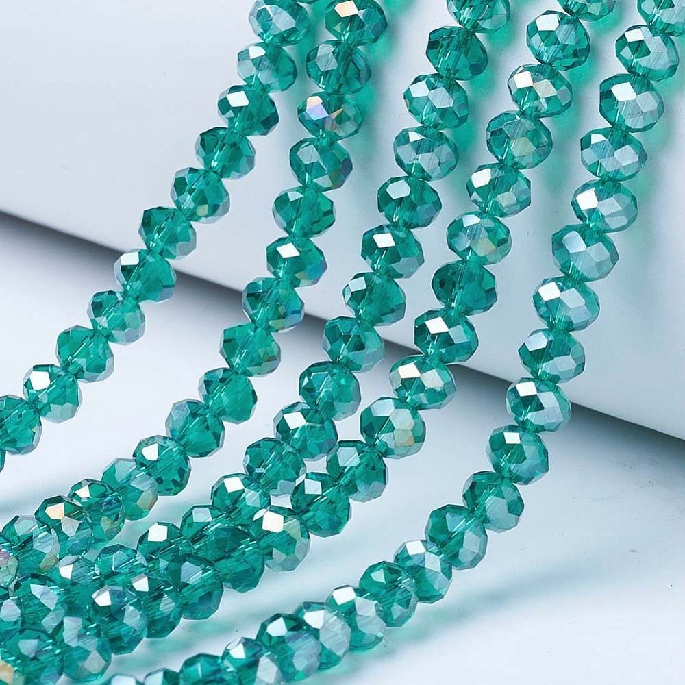 6x5mm Electroplated Faceted Glass Rondelles in Sea Green, 1 Strand