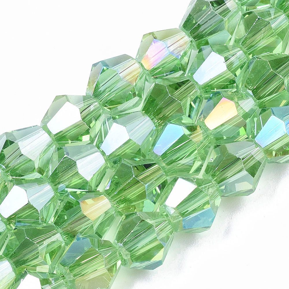 8mm Electroplated AB Plated Bicone Crystals in Green 8mm Electroplated AB Plated Bicone Crystals in Green