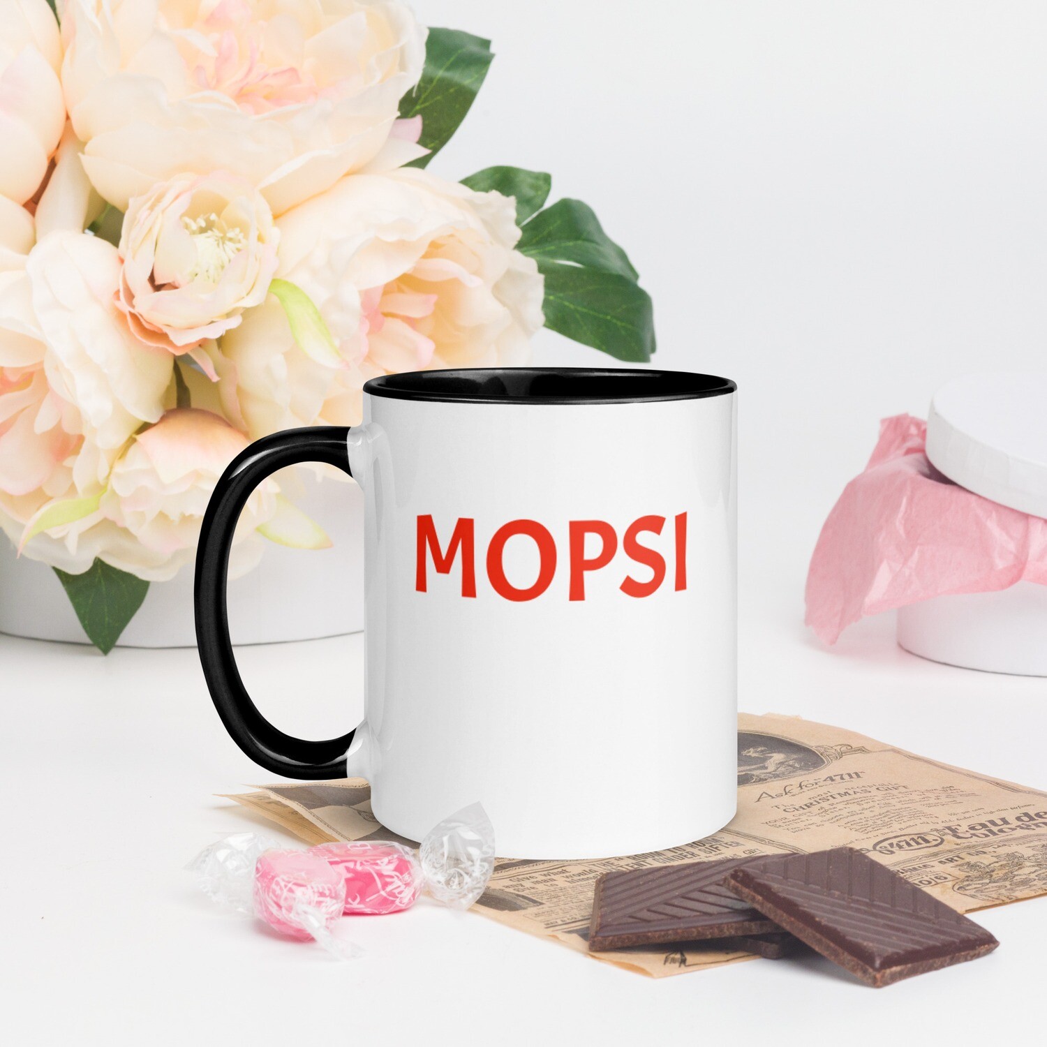 Mopsi keraaminen muki, KAHVAN &amp; SISÄPUOLEN VÄRI: Musta