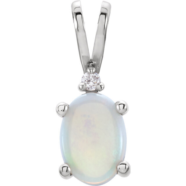 14K White Australian Opal &amp; .01 CT Diamond Pendant with chain