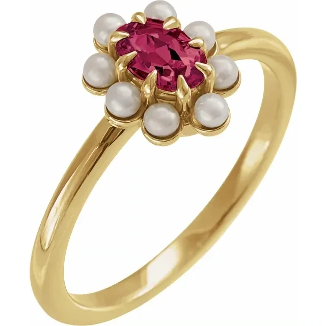 14K Yellow Natural Rhodolite Garnet &amp; Cultured White Seed Pearl Halo-Style Ring
