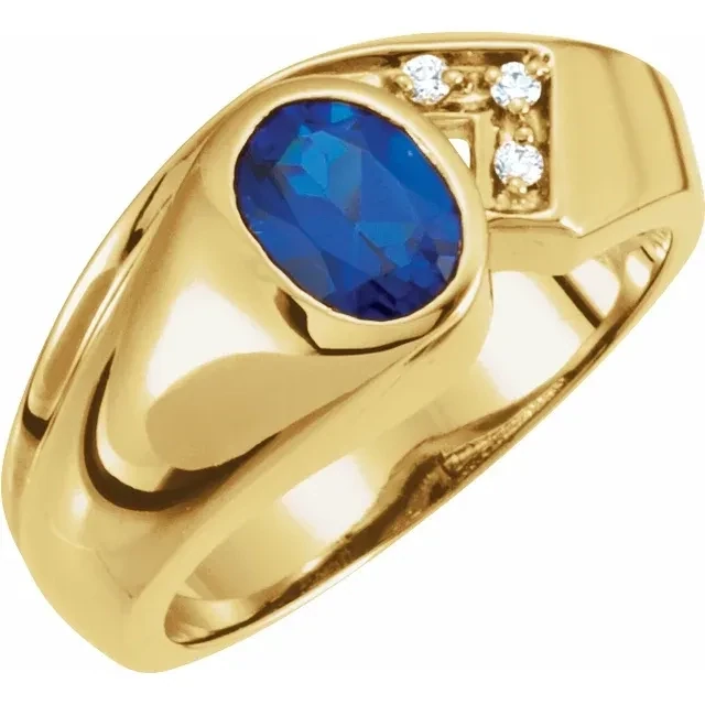 Mens 14K Yellow 8x6 mm Oval Bezel-Set Ring Diamonds are F VS 1.80 mm round Default Gemstone is a Sapphire