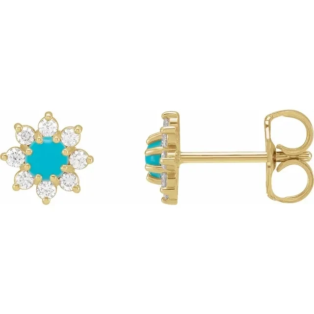 14K Yellow Natural Turquoise &amp; 1/8 CTW Natural Diamond Flower Earrings