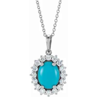 14K White 8 x6 mm Oval Natural Turquoise &amp; 1/3 CTW Natural Diamond Halo-Style 16-18&quot; Necklace