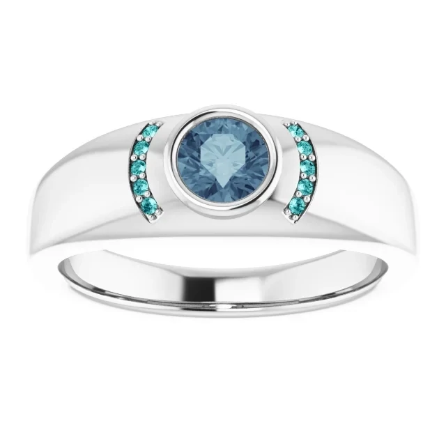 Mens 14k White AA 5mm round Grey Spinel No treatment with 10 1mm round Teal diamond accents GH Color SI