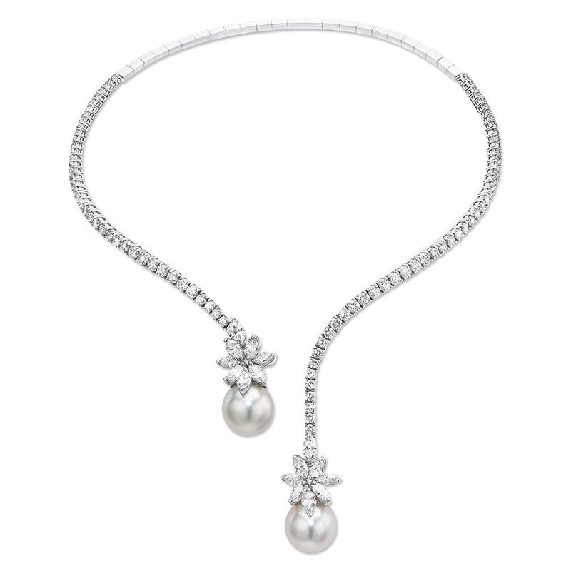 14k white gold open white Marquise Sapphire and white akoya 8mm round with round white Sapphire box clasp necklace