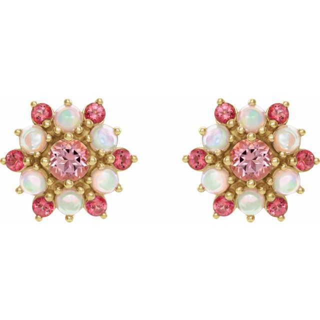 14K Yellow Natural Pink Tourmaline &amp; Natural Ethiopian Opal Cabochon Earrings