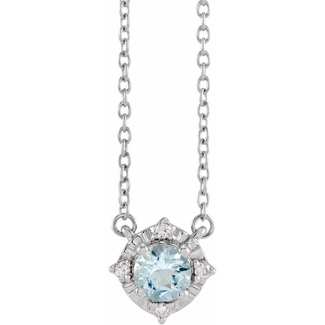 14K White Natural Aquamarine &amp; .04 CTW Natural Diamond Halo-Style 18&quot; Necklace