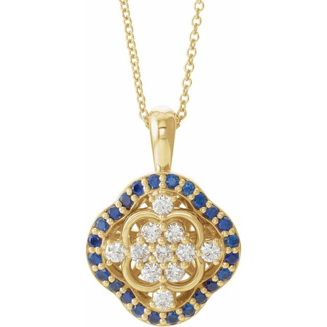 14K Yellow Natural Blue Sapphire &amp; 1/3 CTW Natural Diamond Cluster 16-18" Necklace