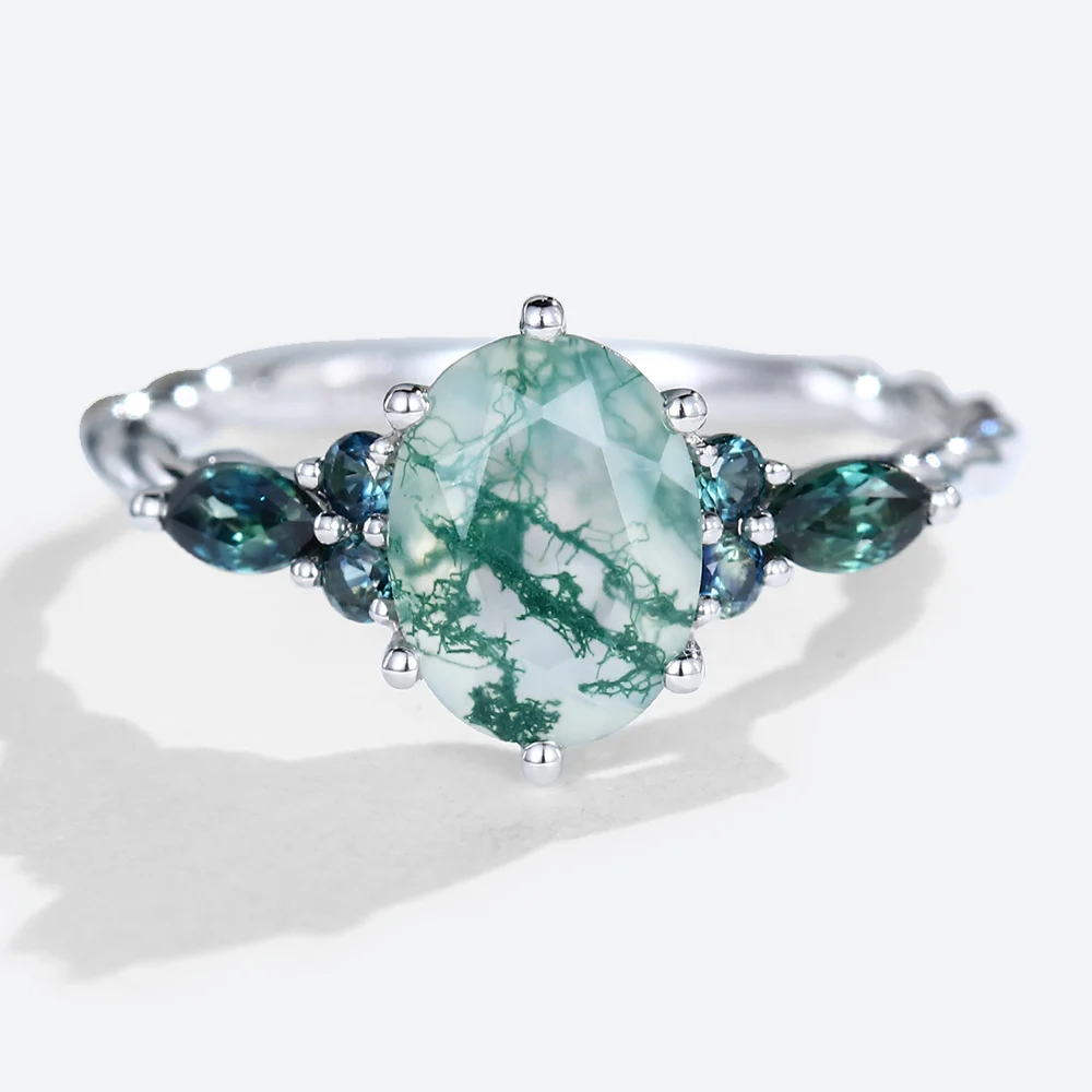 White Gold Oval Cut Moss Agate Ring with Green Blue Sapphire Side Stones