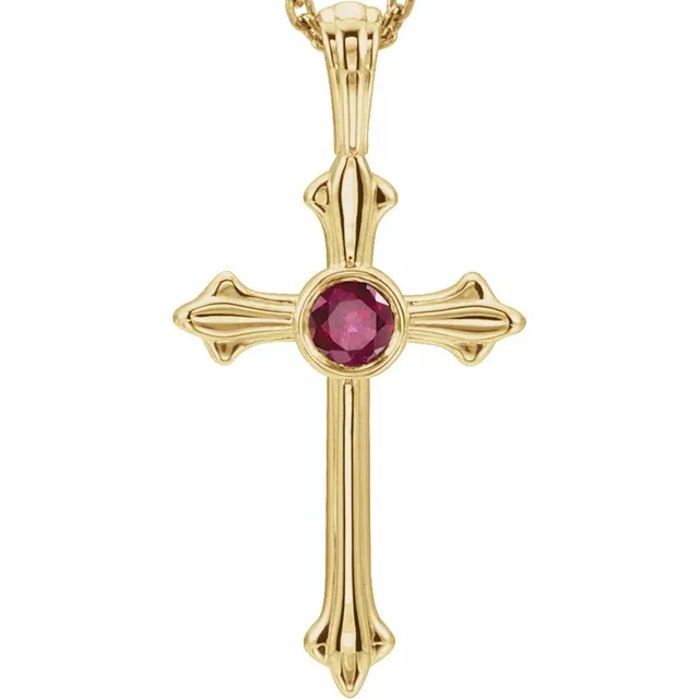 14K Yellow Natural Ruby Cross Pendant with  a 14k yellow 1mm solid cable 18 inch chain