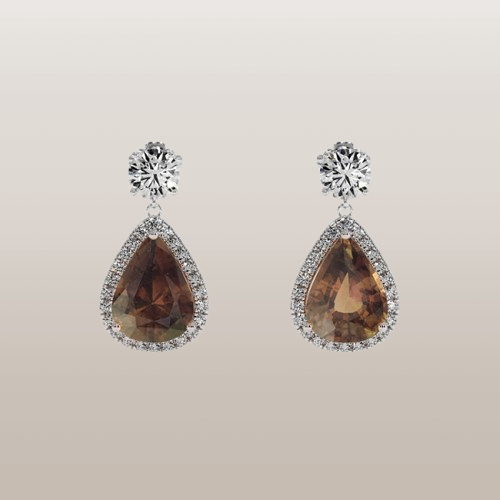 Brown Sapphire Earrings - Pear 5.04 Ct. - 14K White Gold