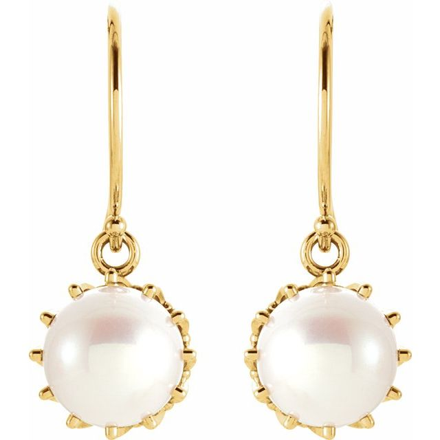 14K Yellow Cultured White Freshwater Pearl Crown Earrings