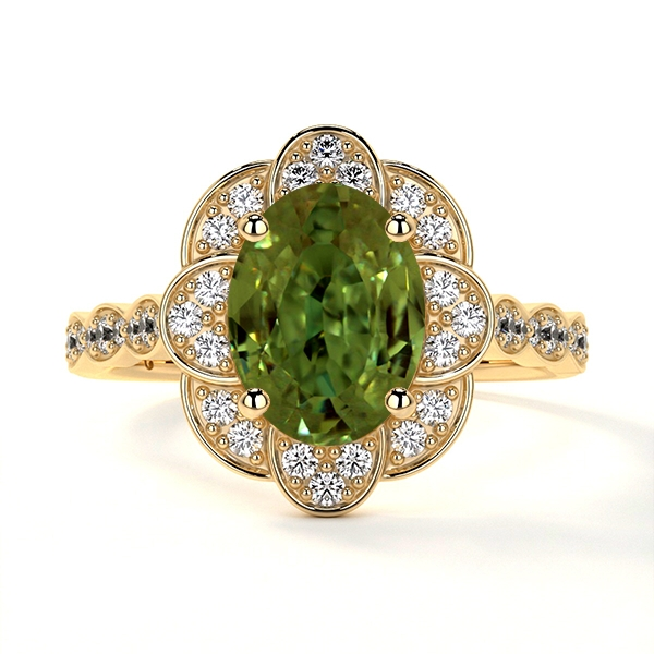 14k Yellow  Art Deco Scalloped Halo Ring with Alexandrite  and Round Diamonds (0.38cttw)