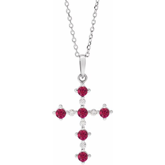 14K White Ruby &amp; .07 CTW Natural Diamond Cross 16-18&quot; Necklace
