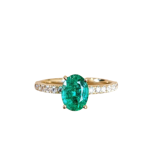 1.13 Ct. 14K Yellow Gold  Emerald and Natural Diamond Pave  Engagement Ring