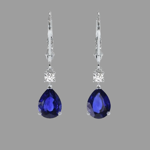 Blue Sapphire Earrings - Pear 3.82 Ct. - 14K White Gold