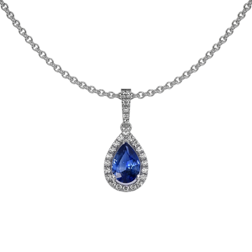 Blue Sapphire Pendant - Pear 0.75 Ct. - 14K White Gold.  7.00 x 5.00 x 2.80 mm and is brilliant cut. The diamonds have a clarity grade of vs2 - Very Slightly Included, F color. 18&quot; Chain included