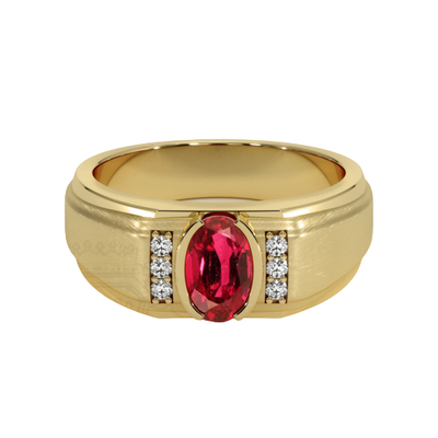 Men's Ruby Ring 0.85 Ct., 14K Yellow Gold It has a clarity grade of very slightly included. 0.09 ctw accent diamonds, clarity VS1/VS2 and a color grade of F.