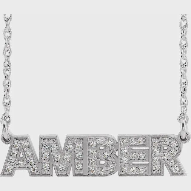14K White Natural Diamond Single Name Nameplate 18&quot; Necklace
