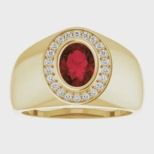 14k Yellow gold 8x6 mm Oval Garnet Men&#39;s Ring with diamond accents