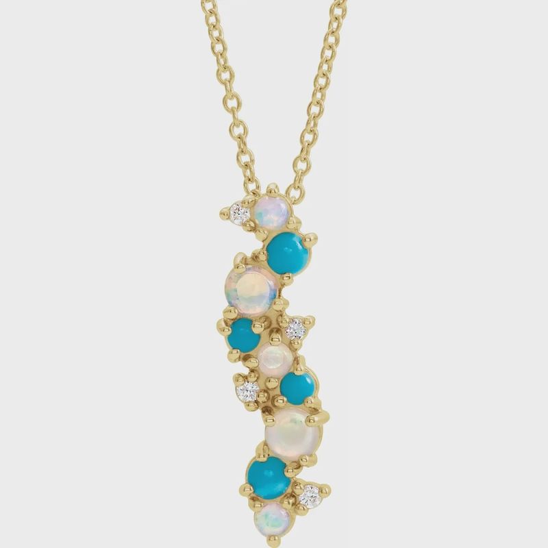 14K Yellow Natural Ethiopian Opal Turquoise &amp; .03 CTW Natural Diamond 16-18&quot; Necklace