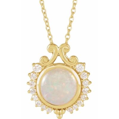 14K Yellow Natural White Opal &amp; 1/6 CTW Natural Diamond 16-18&quot; Necklace