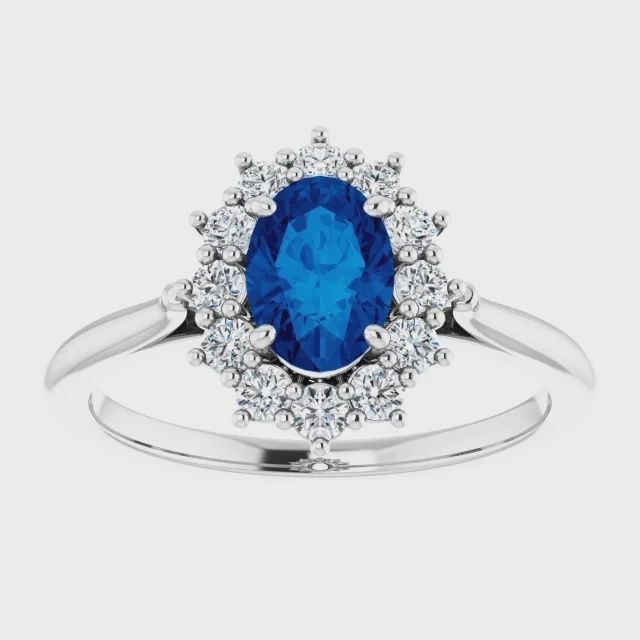 14K White 1.1 ct 7 x 5 mm Oval Sapphire Halo Ring Heated - 12 accent round diamonds G+VS