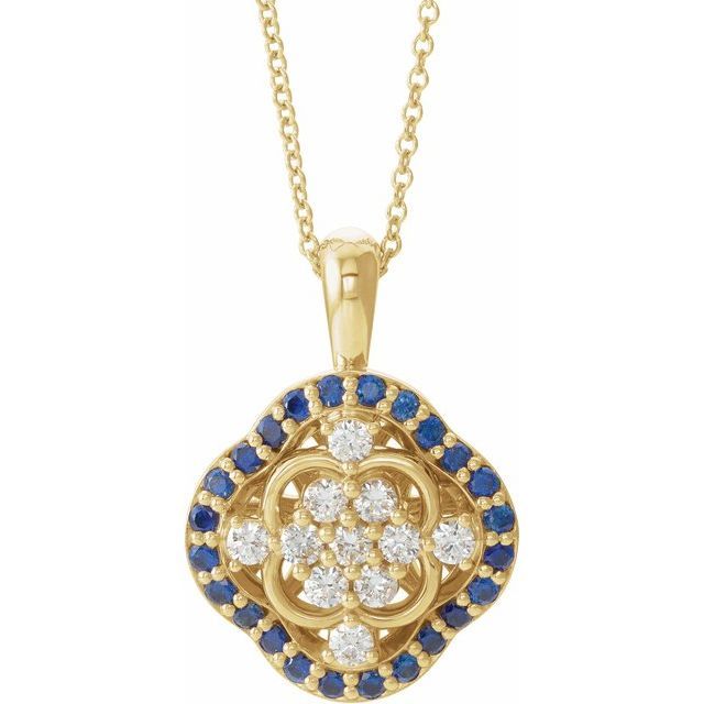 14K Yellow Natural Blue Sapphire &amp; 1/3 CTW Natural Diamond Cluster 16-18" Necklace