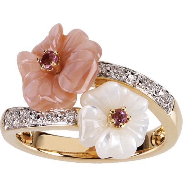 14K Yellow Natural Pink Tourmaline, Natural Mother of Pearl &amp; .04 CTW Natural Diamond Ring