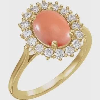 14K Yellow Natural Pink Coral &amp; 3/8 CTW Natural Diamond Ring