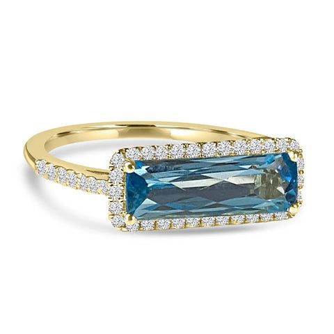 14K Yellow Gold Horizontally Set Blue Topaz and Pave Diamond Halo Ring