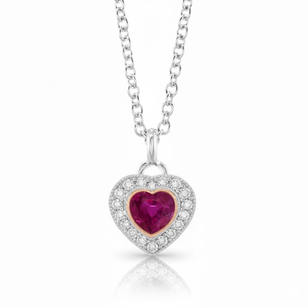 0.53 Carat Red BURMESE Heart Ruby Pendant , 18K white gold and Rose gold Bezel setting