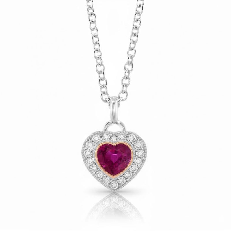 0.53 Carat Red BURMESE Heart Ruby Pendant , 18K white gold and Rose gold Bezel setting