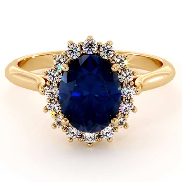 14K Yellow Gold Blue Sapphire and Diamond Halo Ring
