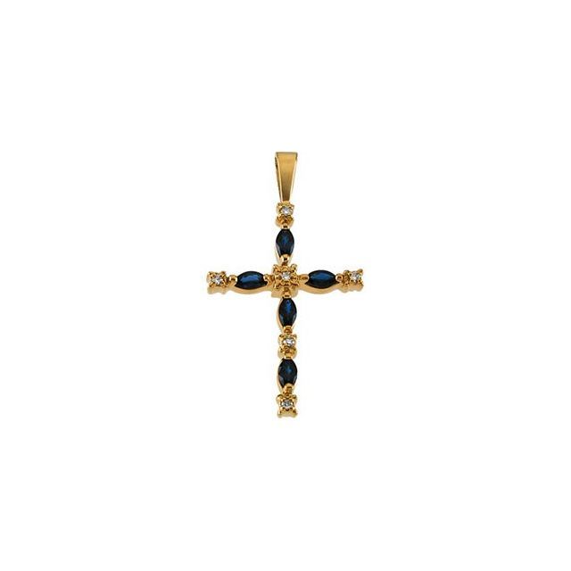 14K Yellow Blue Sapphire &amp; Diamond Cross Pendant