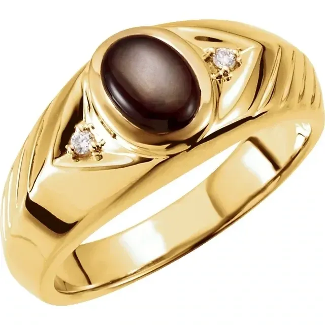 14K Yellow Natural Black Star Sapphire &amp; .04 CTW Natural Diamond Ring (Beezle set) Default Gemstone is Black star sapphire