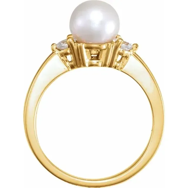 14K Yellow Cultured White Akoya Pearl &amp; 1/6 CTW Natural Diamond Ring