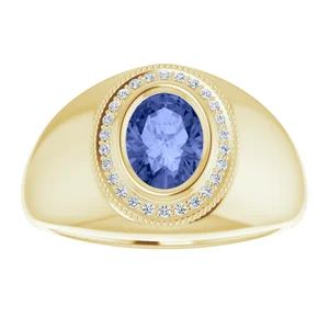 Mens 14K Yellow 8x6 mm Oval  Tanzanite Ring with 26 Diamond accents