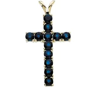14K Yellow Natural Blue Sapphire Cross Pendant with a 14K Yellow 1.5 mm Solid Cable 18" Chain