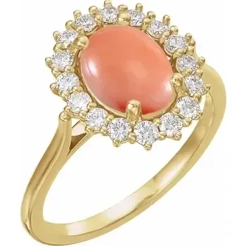 14K Yellow Natural Pink Coral &amp; 3/8 CTW Natural Diamond Ring