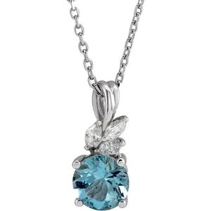 14k whitw gold Natural Aquamarine &amp; 1/10 CTW Natural Diamond 16-18" Necklace