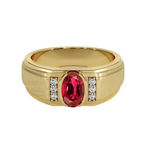Men's Ruby Ring 0.85 Ct., 14K Yellow Gold It has a clarity grade of very slightly included. 0.09 ctw accent diamonds, clarity VS1/VS2 and a color grade of F.