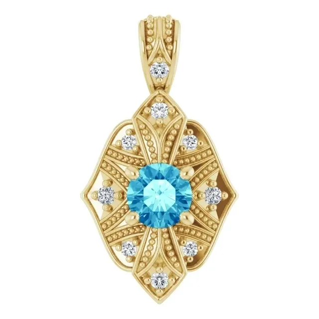 14K Yellow 4.1 mm Round  Blue Zircon Pendant with diamond accents ( 8 G+ VS diamonds varying sizes and one 1.2 round diamond G+ VS