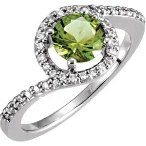 14K White 6.5 mm Round  green diamond Halo Ring