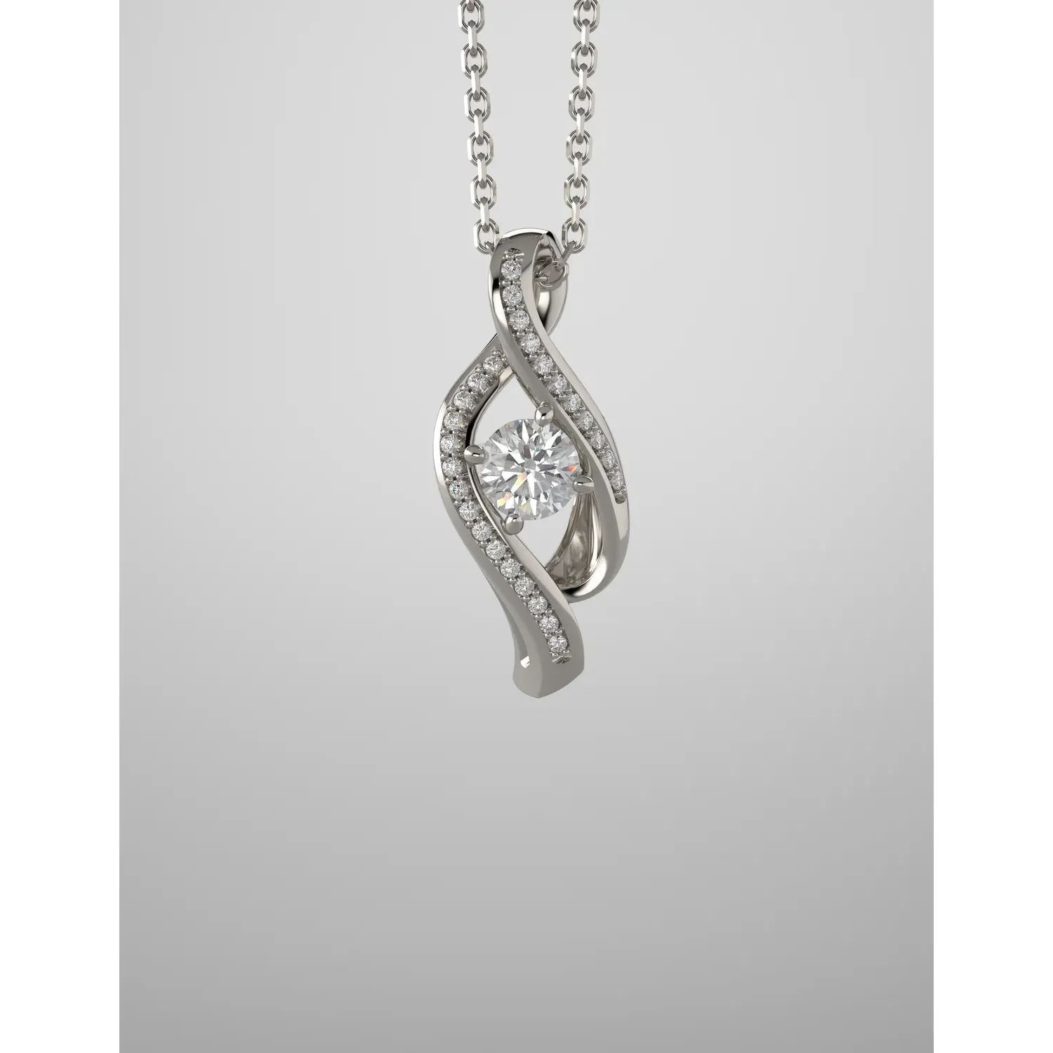 14K White 4.1 mm Round  diamond Pendant with a 14K White 1 mm Diamond-Cut Wheat 18" Chain