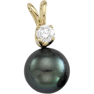 14K Yellow 3mm Black Akoya Cultured Pearl &amp; Diamond Pendant