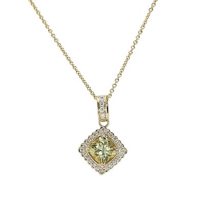 Greenish Yellow Sapphire Pendant - Cushion 1.65 Ct. - 14K Yellow Gold  is accented by twenty four F color diamond rounds totaling 0.20 carats