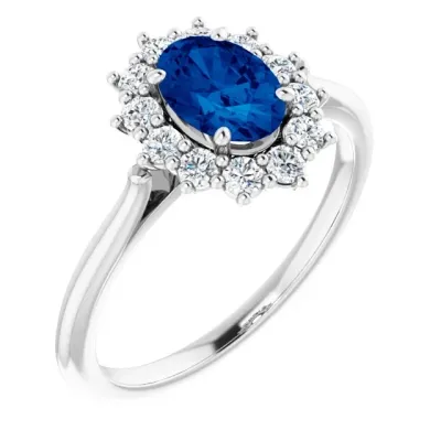 14K White 1.1 ct 7 x 5 mm Oval  Sapphire Halo Ring Heated - 12 accent  round diamonds G+VS