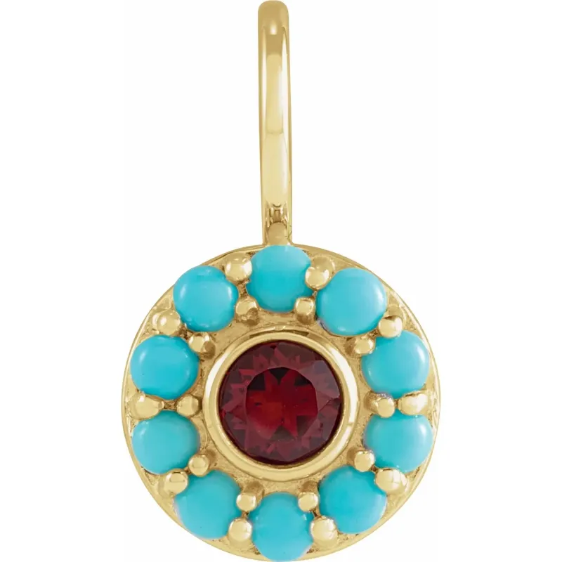 14K Yellow Natural Mozambique Garnet 4 mm round &amp; Natural Turquoise 2 mm cabochon Halo-Style Charm/Pendant